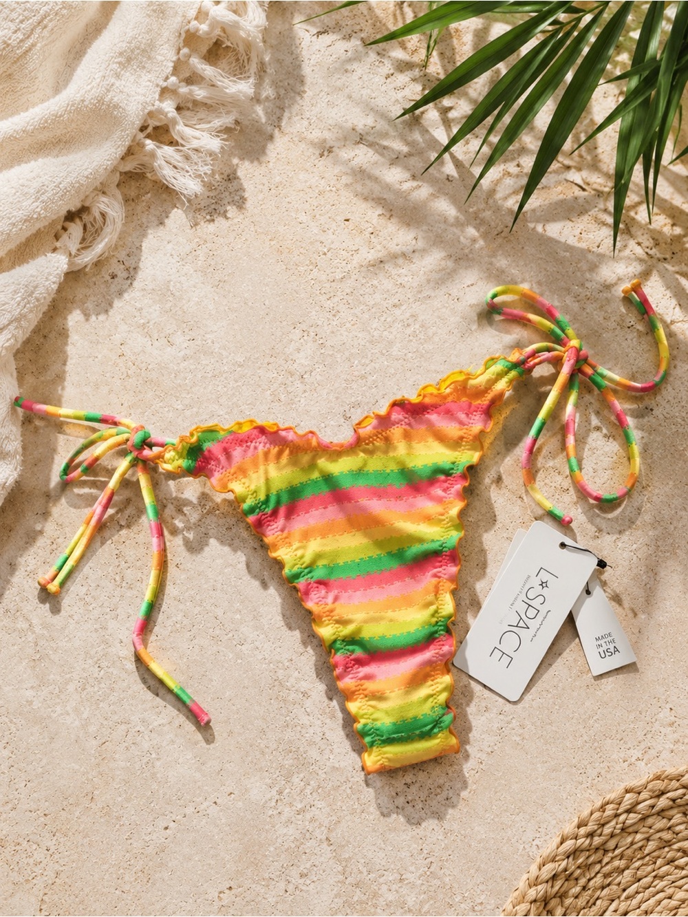 L*SPACE Roger Bitsy Bikini Bottom Under The Sun Stripe Lettuce Edge Tie XS NEW